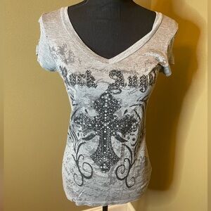 Rock Angel black and gray short sleeve distressed tshirt shimmery accents SMALL